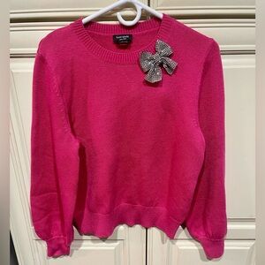 Kate Spade Pink Crew Neck Woool Blend Sweater Rhinestone Coquette Bow Large